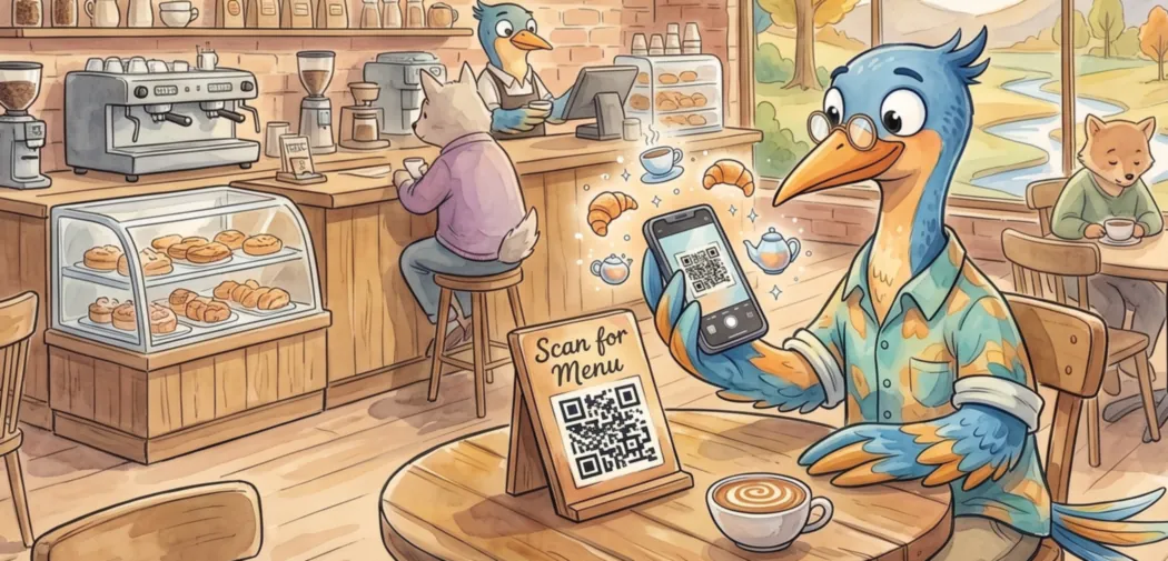 Watercolor bird in a cafe scanning a Scan for Menu QR code stand with its phone
